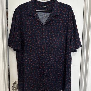 Express Navy Patterned Short Sleeve Button Down